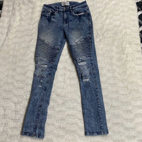 Urban Id Men's Blue Cotton Stretch Distressed Skinny Moto Denim Jeans Size 30 - Picture 3 of 10